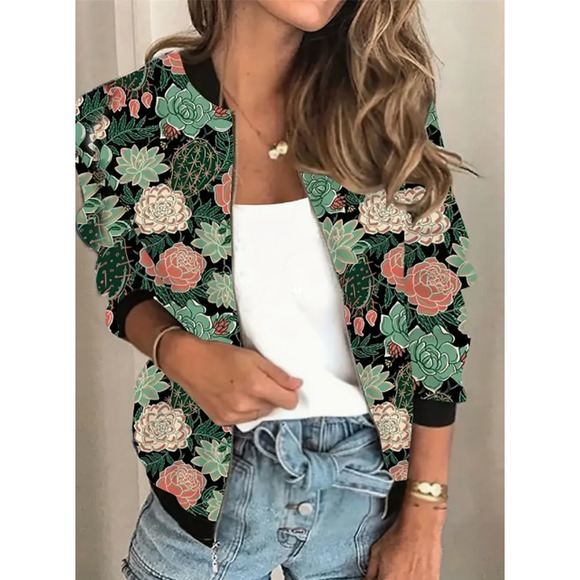 Mother Hustler Jackets & Blazers - Graphic Succulent Plant Print Blazer Zip Long Sleeve Jacket